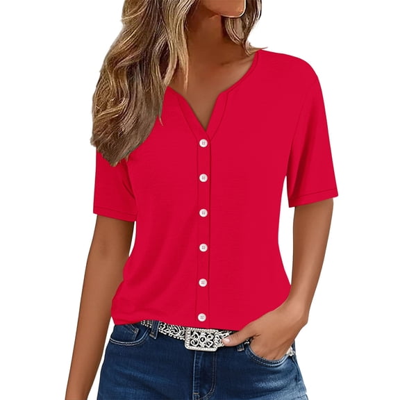 WTXUE Womens Short Sleeve Blouses Tunic Tops V Neck Button Down Shirts Plus Size Tops for Women Trendy Summer Basic Tees Comfy Shirts Cute Shirts Flowy Tops Red L