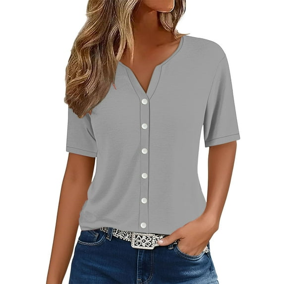 WTXUE Womens Short Sleeve Blouses Tunic Tops V Neck Button Down Shirts Plus Size Tops for Women Trendy Summer Basic Tees Fashion Blouses Fitted T Shirts Womens Summer Tops Trendy Dark Grey L