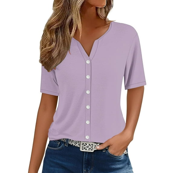 WTXUE Womens Short Sleeve Blouses Tunic Tops V Neck Button Down Shirts Plus Size Tops for Women Trendy Summer Basic Tees Loose Tops for Women Summer Womens Tops Lightweight Blouses Purple L