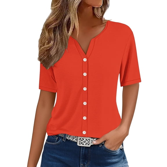 WTXUE Womens Short Sleeve Blouses Tunic Tops V Neck Button Down Shirts Plus Size Tops for Women Trendy Summer Basic Tees Smocked Tops Women Casual Tops Lightweight Blouses Orange S