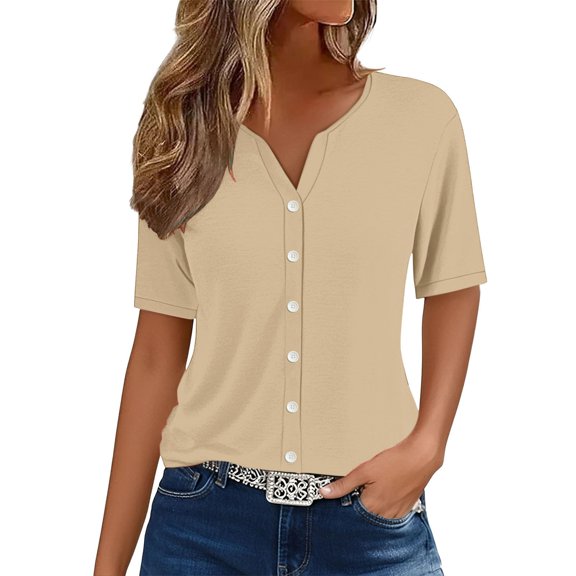 WTXUE Womens Short Sleeve Blouses Tunic Tops V Neck Button Down Shirts Plus Size Tops for Women Trendy Summer Basic Tees Tshirts Shirts for Women Women Tops Dressy Casual Business Casual Tops Khaki L
