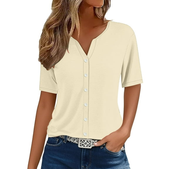 WTXUE Womens Short Sleeve Blouses Tunic Tops V Neck Button Down Shirts Plus Size Tops for Women Trendy Summer Basic Tees Womens Summer Tops Trendy Basic Tees Soft Tshirts Beige Xl