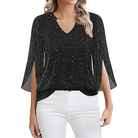 WTXUE Womens Sparkly Sequin Tops 3/4 Ruffle Sleeve Sparkly Tops Sequin V Neck Blouses Dressy Casual Shirts Glitter Party Shirts Tunic Shirts Fall Lightweight Blouses Black L