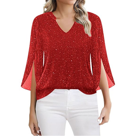 WTXUE Womens Sparkly Sequin Tops 3/4 Ruffle Sleeve Sparkly Tops Sequin V Neck Blouses Dressy Casual Shirts Glitter Party Shirts Tunic Shirts Fall Lightweight Blouses Red L