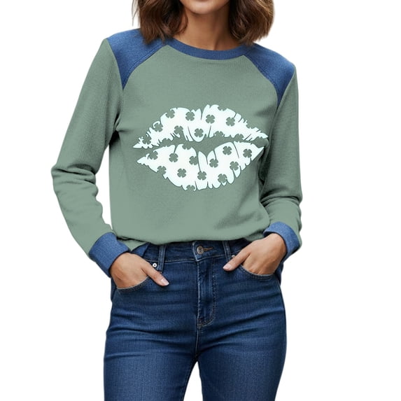 WTXUE Womens St Patricks Day Sweatshirts Tops Patchwork Denim Plus Size St Patricks Day Sweatshirt St Patrick Sweatshirt Cute St Patricks Day Sweatshirt Irish Clover Print Sweatshirt Sky Blue M