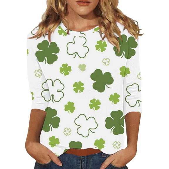 WTXUE Womens St. Patricks Day Tops 3/4 Sleeve Shirts Crewneck Tops Shamrock Tshirt Loose Tops Irish Long Sleeve Shamrock Shirt Loose Fit T Shirts Business Work Tee Top Work Tops Blue S