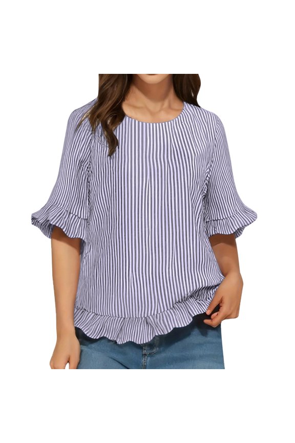 Womens Stripe Ruffle Shirt 3/4 Bell Sleeve Dressy Casual Crewneck Peplum Tunic Tops Loose Fit Babydoll Blouses Casual Tops Lightweight Tops Business Casual Tops Casual Tops Purple Xxl