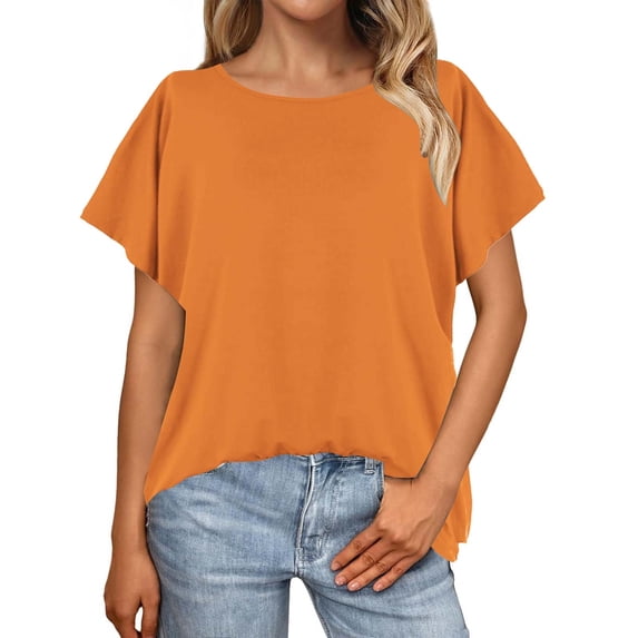 WTXUE Womens Summer Tops, Batwing Sleeve Oversized Solid Color T Shirt Women's Crew Neck Top Scoop Neck Short Sleeve Dolman Leisure T-Shirt, Orange