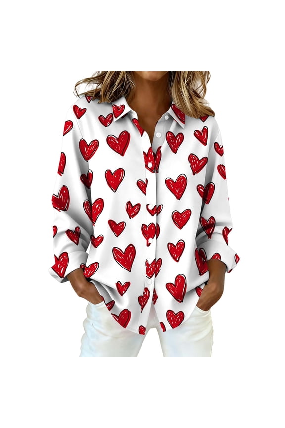 Womens Valentine Top Linen Button Down Shirt Women Dressy Casual Shirts Fashion Blouses Heart Shirt Business Work Tops Casual Work Blouse Valentine Blouse Comfortable Tops Watermelon Red Xxl