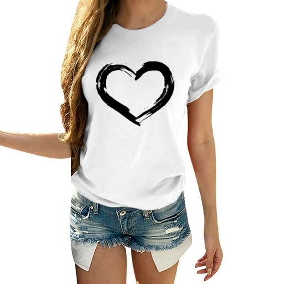 WTXUE Womens Valentines Shirt Heart Printed Shirts Graphic Tees Short Sleeve Slimming Blouses Vacation Tops Matching Shirts for Couples Plus Size Blouses Casual Couple Top White Xl
