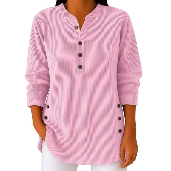 WTXUE Womens Vintage Corduroy Shirts Button V Neck Top Long Sleeve Tops Oversized Casual Knitted Pullover Loose Fit Comfy Trendy Basic Pullover Sweatshirts Tunic Sweatshirts Pink S