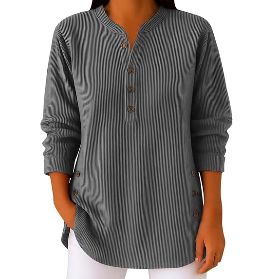 WTXUE Womens Vintage Corduroy Shirts Button V Neck Top Long Sleeve Tops Oversized Casual Knitted Pullover Loose Fit Comfy Trendy Basic Pullover Sweatshirts Tunic Sweatshirts Grey Xl