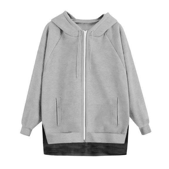 WTXUE Womens Zip Up Hooded Coats with Slit Hem Oversized Sweatshirt Jackets Loose Drawstring Workout Hoodies Outer with Pocket Tunic Sweatshirt for Women Fall Outfits Grey M
