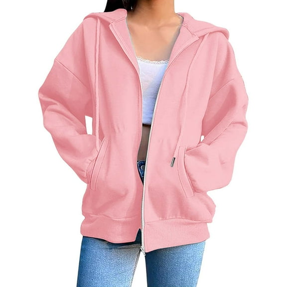 WTXUE Womens Zip Up Hoodies Sweatshirt Jacket Cute Lightweight Jackets Trendy Hooded Workout Fall with Pockets Oversized Sweatshirt Open Front Cardigan Long Sleeve Blouses Casual Tops Pink M