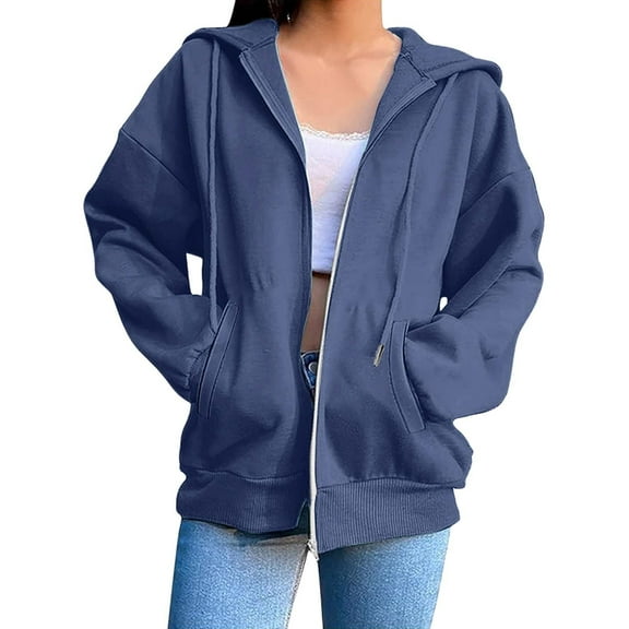 WTXUE Womens Zip Up Hoodies Sweatshirt Jacket Cute Lightweight Jackets Trendy Hooded Workout Fall with Pockets Oversized Sweatshirt Open Front Cardigan Long Sleeve Blouses Casual Tops Navy 3Xl