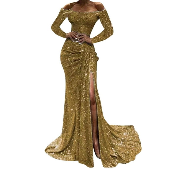 WTXUE Workwear, Work Dress Long Sleeve Vestidos Casuales Para Mujer Crew Neck, Women One Shoulder Sequin Prom Dresses Long Evening Gown Solid Maxi Women, Gold Size M