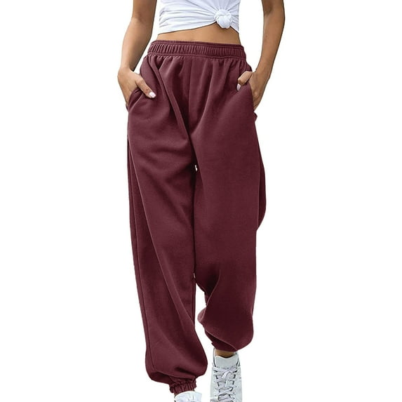 WTXUE Yoga Pants, Womens Jogger Pants Women's Bottom No Drawstring Joggers Pants Workout High Waisted, Yoga Pants with Pockets Sweatpants Pantalones De Mujer, Dark Red