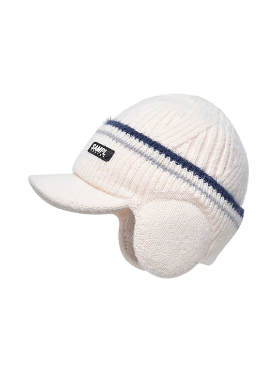 hat with ear flaps, Men Winter Hat Lined Cuff Knit Hats with Visor Warm Earflaps Ski Cap, Beige