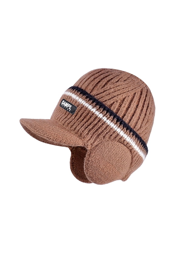 hat with ear flaps, Men Winter Hat Lined Cuff Knit Hats with Visor Warm Earflaps Ski Cap, Coffee
