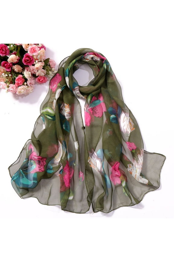 scarf for women, Scarves Simulation Long Scarf Soft Wrap Shawl Printing Women Silk Roses Fashion Scarf, silk scarf, Army Green