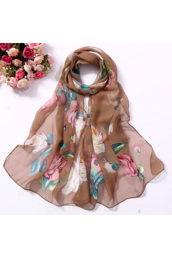 scarf for women, Scarves Simulation Long Scarf Soft Wrap Shawl Printing Women Silk Roses Fashion Scarf, silk scarf, Khaki