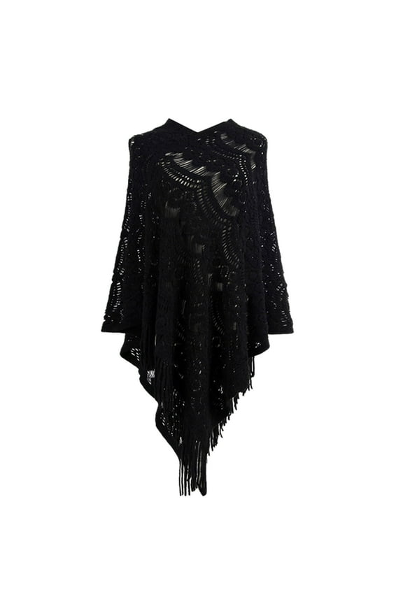 shawl wraps for women, Women Mid Length Crochet Hollow Irregular Tassel Pullover Sweater Cape Shawl Knit Sweater Shawl, Black