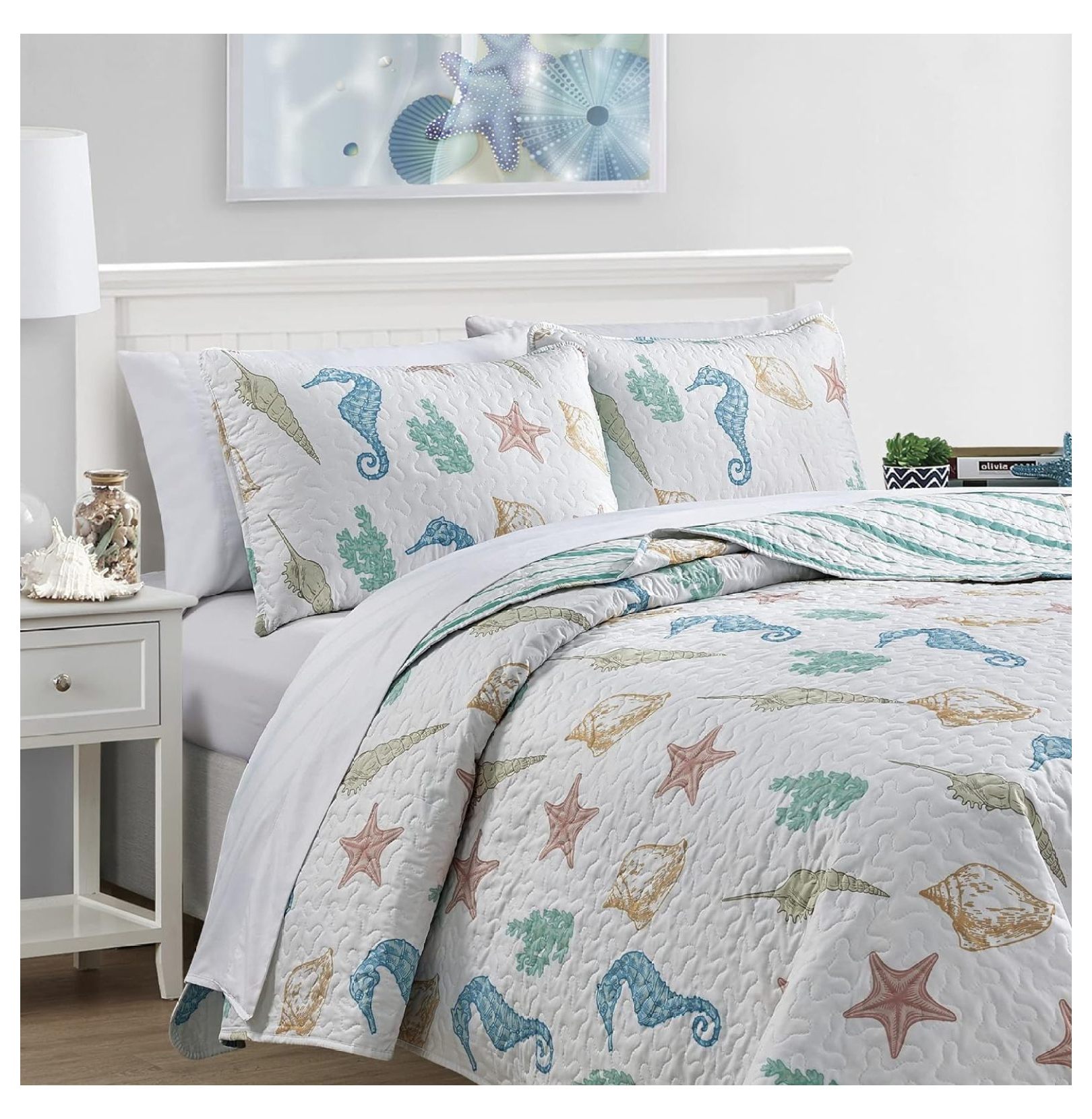 WTYCB 3-Piece Full/Queen Size Coastal Quilt Set with Shams | Reversible ...