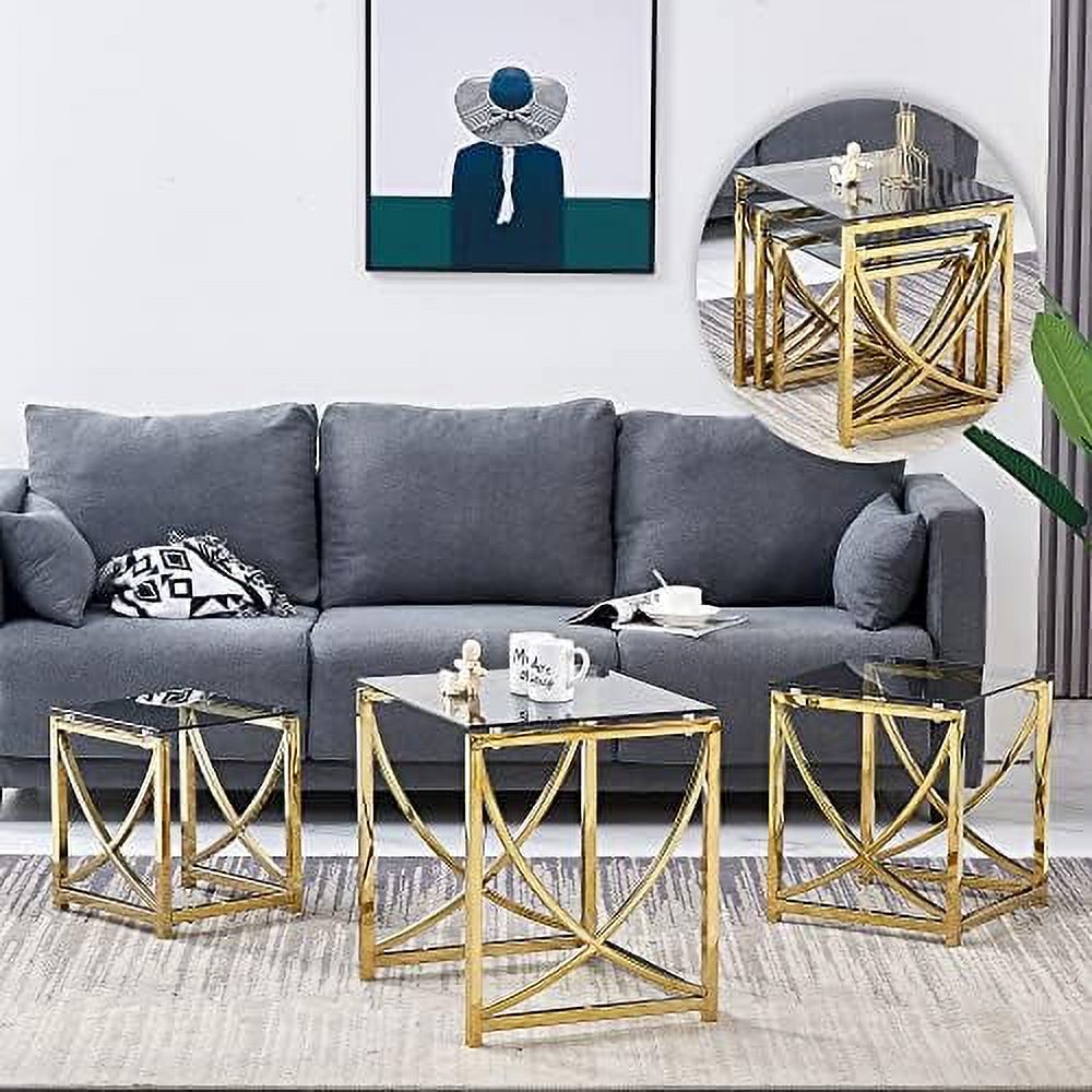 WTYNKAE 3 Pieces Gold Square Nesting Glass End Tables Small Coffee