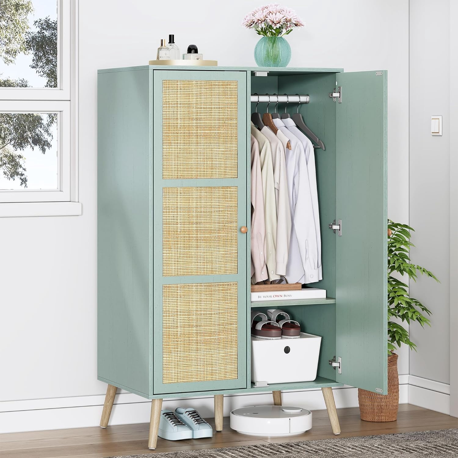 WTYNKAE 55" Mid Century Vintage Armoire Wardrobe Closet with Natural ...