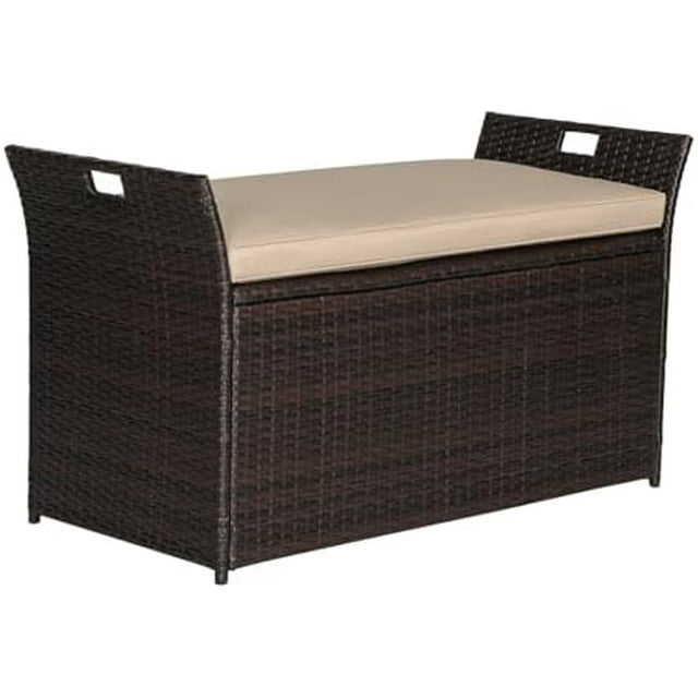 WTYNKAE 90 Gallon Outdoor Wicker Bench with Cushion Patio PE Rattan Deck Box with Handles (Brown