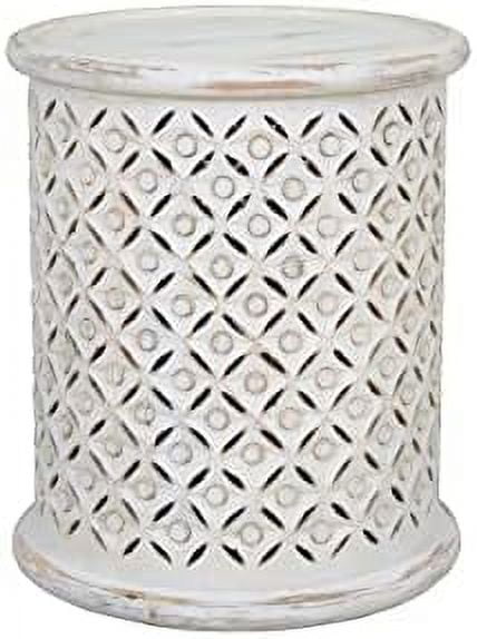 Antique White 16'' Round Mango Wood and Metal Drum End Table