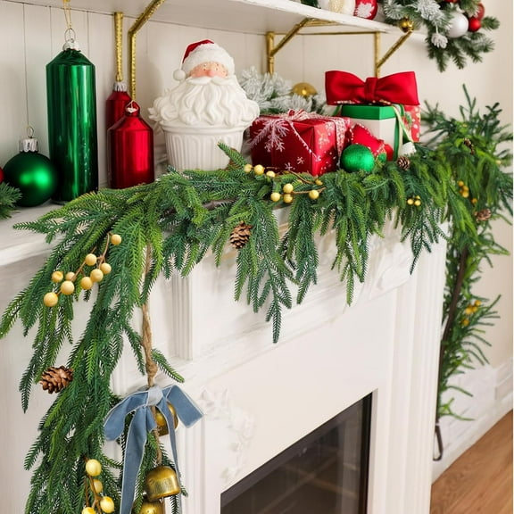 WTYYC 6 FT Norfolk Pine Garland, Christmas Green Artificial Real Touch Cedar Garland, Faux Cedar with Lights, for Table, Wall, Fireplace Indoor Outdoor Decor