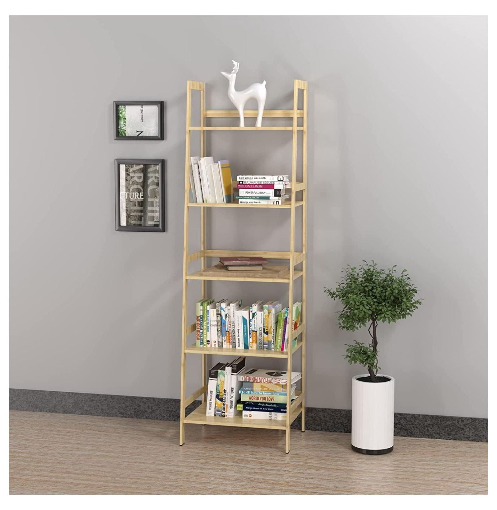 WTZ Bookshelf; Ladder Shelf; 5 Tier Bamboo Bookcase; Rustic Open Book ...