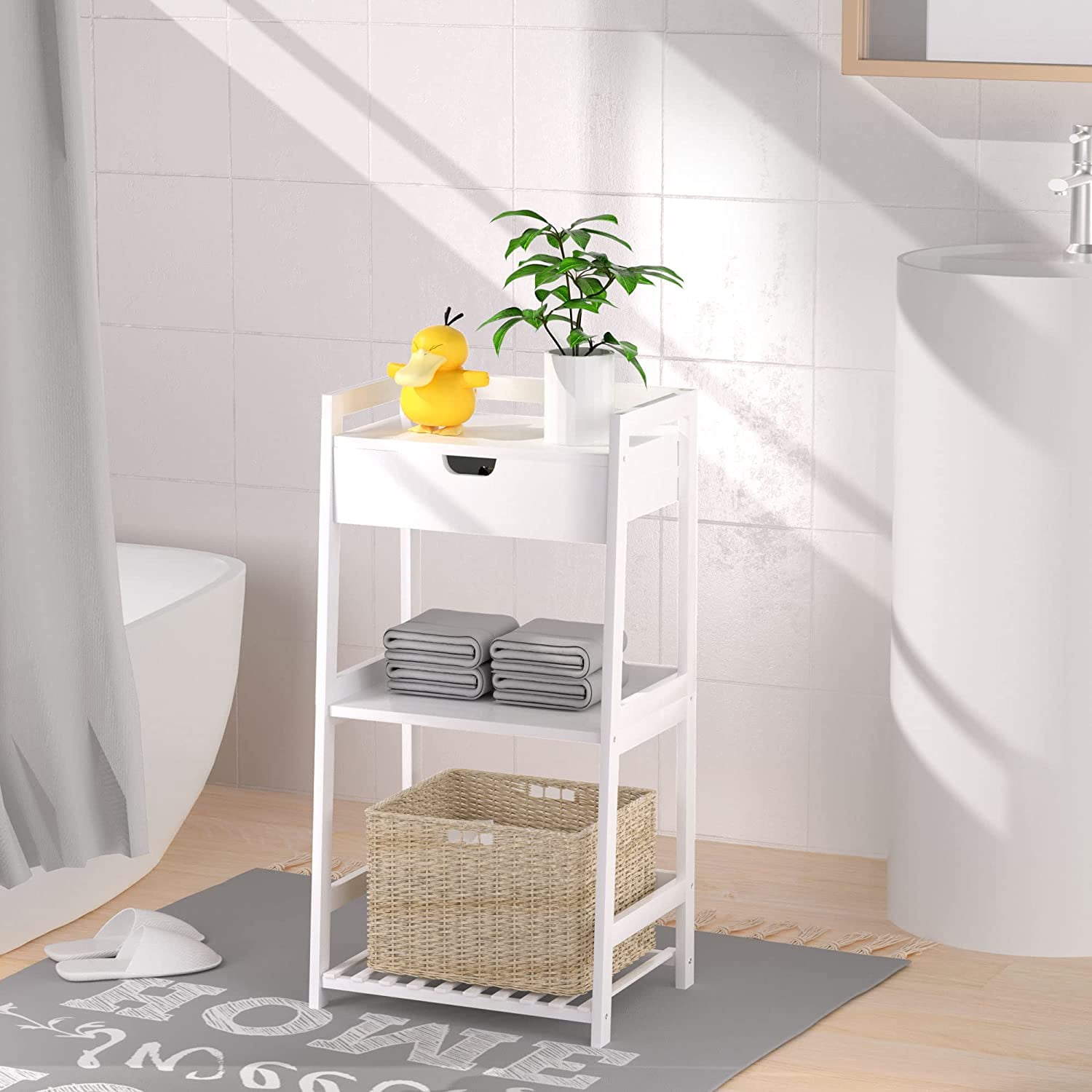 3 Tiers White Freestanding Storage Bathroom Shelves with Handles