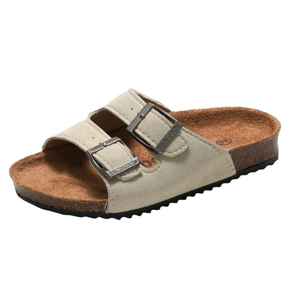 WUANDIXFA 100% Leather Kids Sandals - Natural Cork Footbed Non-Slip Slides for Kids - Lightweight Boys & Girls Sandals - Water-Resistant Girls & Boys Sandals (Beige, 3)