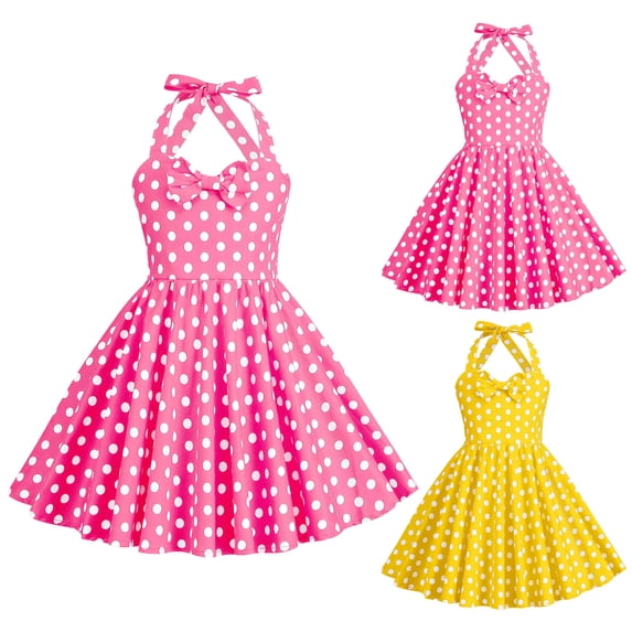 WUANDIXFA 1950s Vintage Dresses for Girls Halter Dress Sleeveless Bowknot Heart Neck 4-12 Years (Yellow, 3-4 Years)