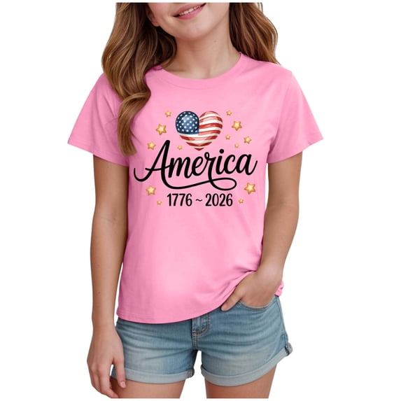 WUANDIXFA 250 Anniversary USA Shirt for Boys Girls America 250 Shirt Short Sleeve Patriotic Flag Print Cute Tops 1776-2026 Tshirt Kids (Pink, 11-12 Years)