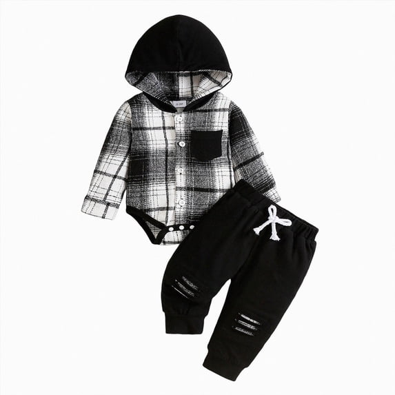 WUANDIXFA 2Pcs Infant Baby Boy Outfit 3 6 9 12 18 Months Romper Bodysuit Pants Fall Clothes Coming Home Outfit,Black,1-3 Months