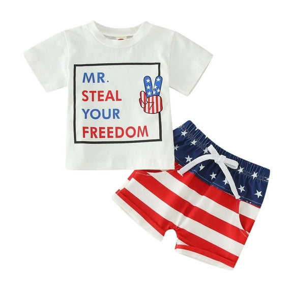 WUANDIXFA 4th of July Outfits for Toddler Boys 4th Of July Baby Boy Outfits Short Sleeve T-shirt Tops Short 2Pcs Toddler Independence Day Summer Clothes Set White,2-3 Years