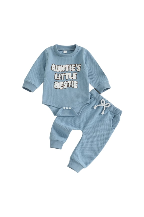 Aunties Bestie Baby Clothes Gender Neutral Baby Boy Girl Embroidery Waffle Sweatshirt Bodysuit Romper Pant Fall Outfit (Blue, 3-6 Months)