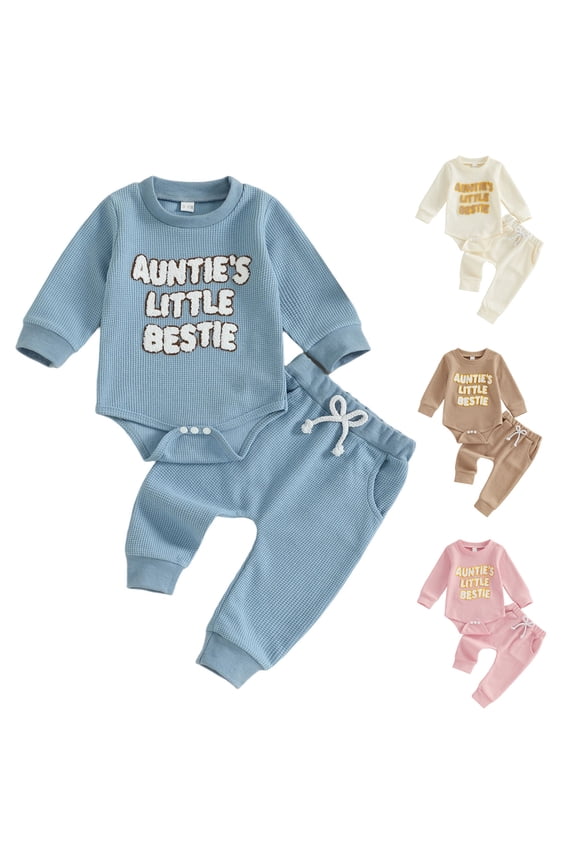 Aunties Bestie Baby Clothes Gender Neutral Baby Boy Girl Embroidery Waffle Sweatshirt Bodysuit Romper Pant Fall Outfit (White, 0-3 Months)
