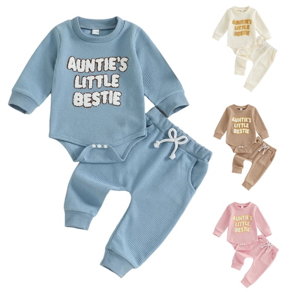 WUANDIXFA Aunties Bestie Baby Clothes Gender Neutral Baby Boy Girl Embroidery Waffle Sweatshirt Bodysuit Romper Pant Fall Outfit (White, 0-3 Months)