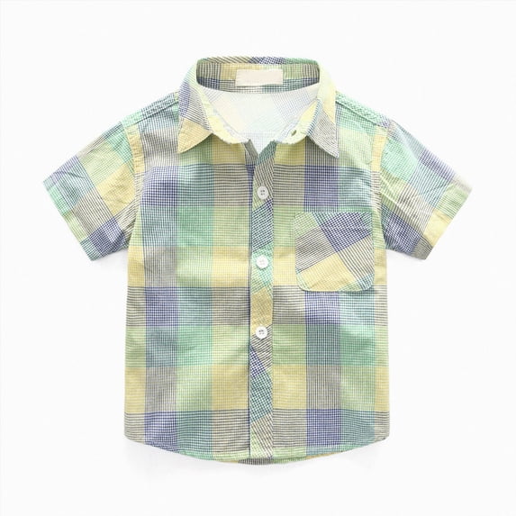 WUANDIXFA Baby Boy Button Down Shirt Boys Western Snap Shirt Short Sleeve Plaid Button Down Shirt Cowboy Snap Button Closure,Green,1-2 Years