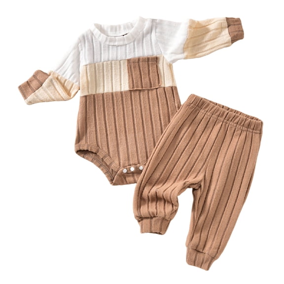 WUANDIXFA Baby Boy Clothes Color Block Ribbed Knitted Outfits Long Sleeve Romper Pants 2PCS Outfit 0-12 Months (Khaki, 0-3 Months)