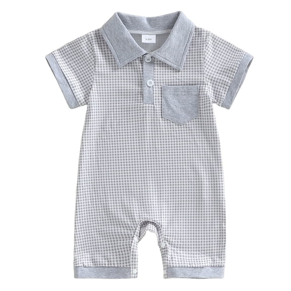 WUANDIXFA Baby Boy Clothes Gingham Short Sleeve Collared Romper Jumpsuit Plaid Button Down Bodysuit Summer Outfit (Grey, 6-9 Months)