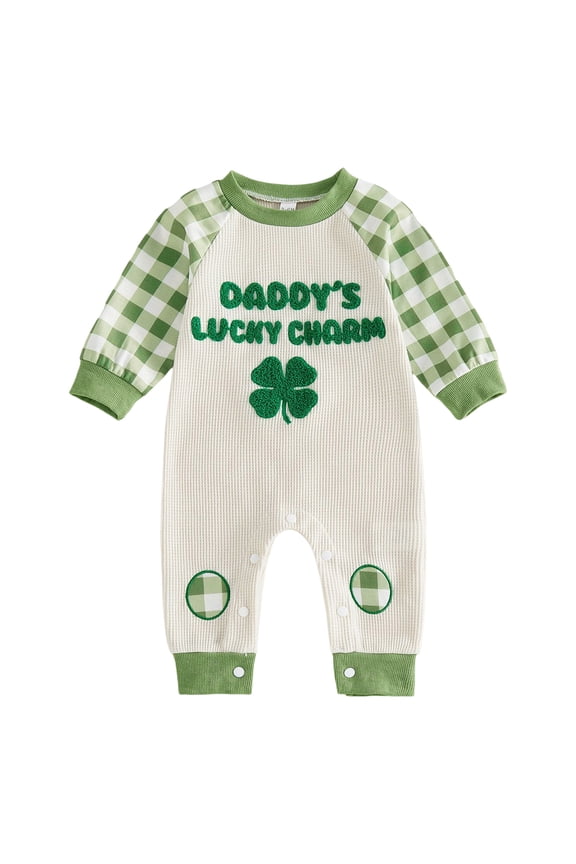 Baby Boy Girl St Patricks Day Outfit Charmer Clover Embroidery Long Sleeve Romper Jumpsuit Irish Outfit (Beige, 12-18 Months)