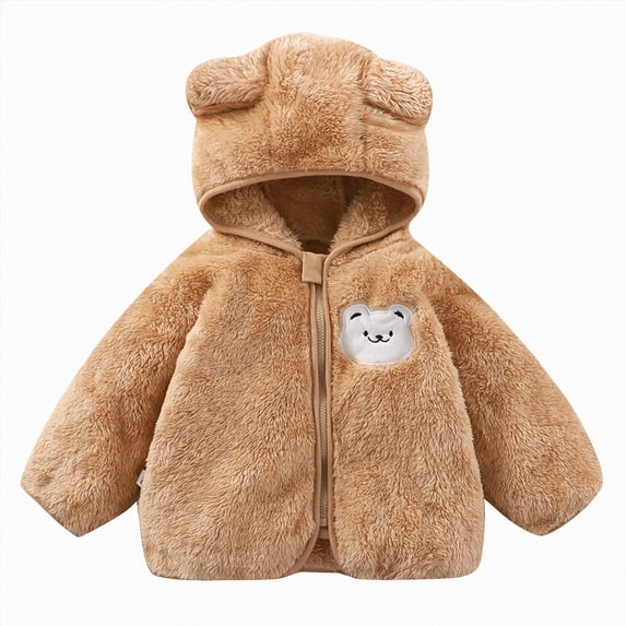 WUANDIXFA Baby Boy Jacket Fashion Children's Cute Plush Hooded Zipper Autumn Winter Cartoon Jacket,Khaki,12-18 Months