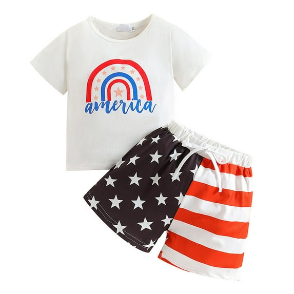 WUANDIXFA Baby Boy Outfit Sets Toddler Baby Boy 2Pcs 4th of July Outfits Short Sleeve Flag Letter Print Tops T shirt + Shorts Independence Day Clothes Set White,1-2 Years