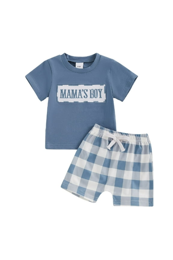 Baby Boy Summer Clothes Mama's Boy Little Dude Short Sleeve T Shirt Plaid Shorts Set Toddler Boy Outfit (Blue, 6-9M)
