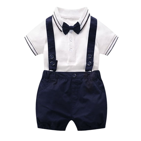 WUANDIXFA Baby Boys Formal Suit Set Short Sleeve Romper Suspenders Shorts Pants Bowtie Wedding Tuxedo Outfits Cake Smash Clothes (Blue, 3-6 Months)